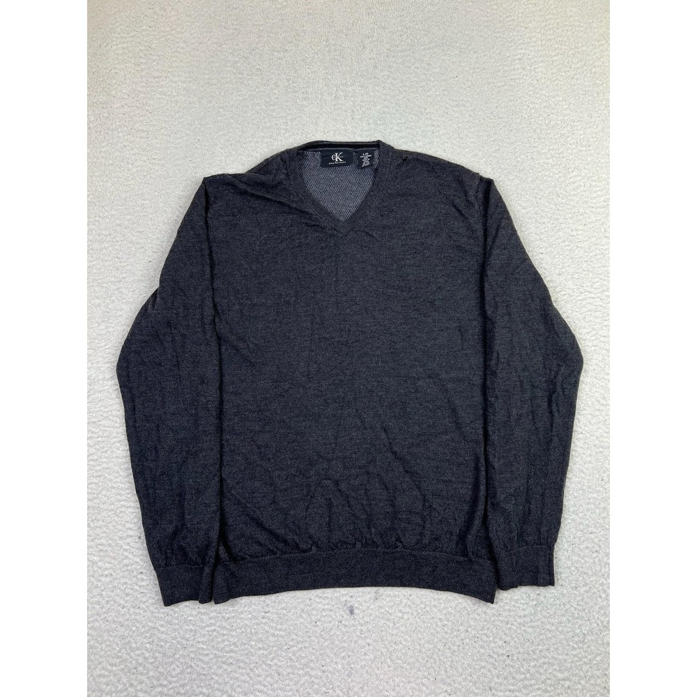 Calvin Klein Sweater Mens Large Gray Extra Fine Merino Wool V Neck Pullover
